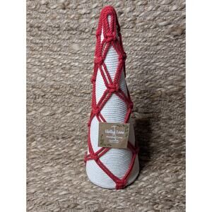 Holiday Lane Boho Festive Yarn Cone Christmas Tree Red White Tabletop Decor 13"